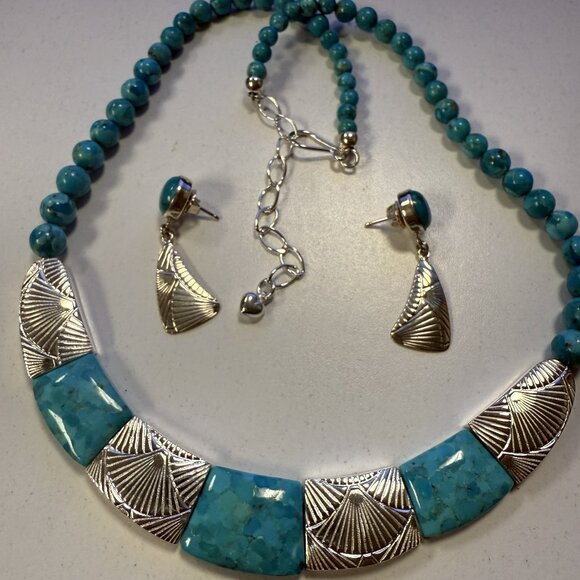 925 Sterling /Turquoise Slab & Silver-Tone Collar Necklace & Earring Set - Picture 1 of 3